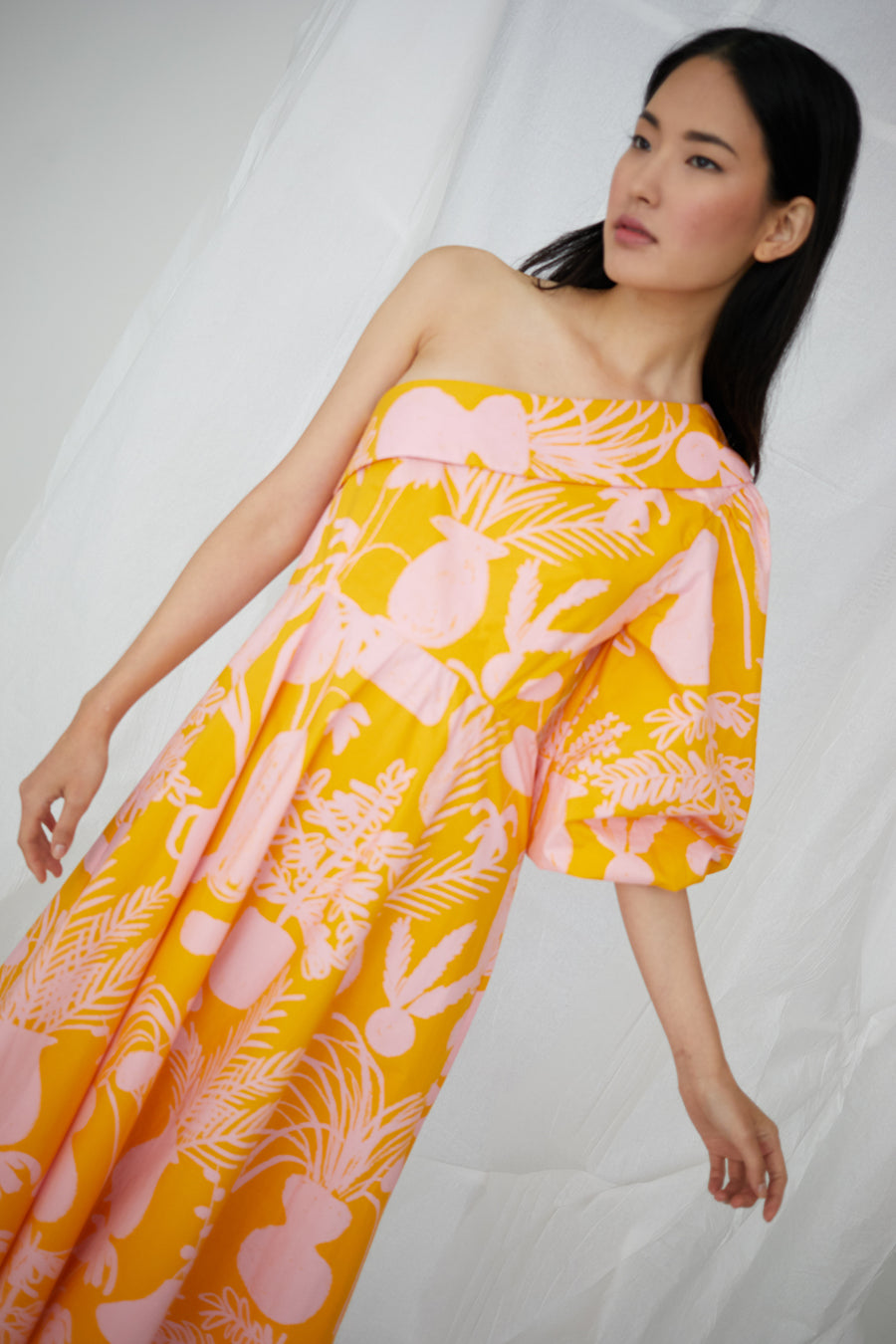 Paige Dress in Potted Plant Print Orange/Pink